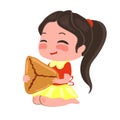 Girl in a skirt eats samosa with pleasure. Illustration with Asian food.