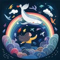Girl in a sky with colorful clouds, rainbow and dancing whale