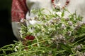 Girl in Slavic clothes with a bouquet of daisies