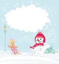 Girl with sled and charming snowman