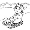 Girl sledding, cartoon character, black and white outline hand drawing, coloring, winter kids fun. Cute happy child joyful rides