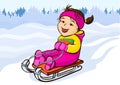 Girl sledding, cartoon character, hand drawing, winter kids fun. Cute happy child in pink jumpsuit joyful rides in sled on snow