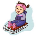 Girl sledding, cartoon character, outline hand drawing, winter kids fun. Cute happy child in purple-lilac jumpsuit joyful rides on