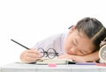 Girl sleep while doing hard homework isolated Royalty Free Stock Photo