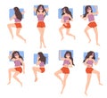 Girl sleep positions. Woman night relaxing in different poses top view, lady rests in bed, sleeping on side, back and