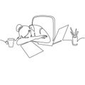 Girl sleeping on desk continuous one line drawing . Tired woman, freelancer leaning on table cartoon character.