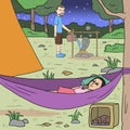 A girl sleeping on hammock in front tent