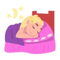 Girl Sleeping in Her Bed at Night, Cute Child Daily Routine Activity Cartoon Style Vector Illustration on White