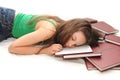 Girl sleeping with her head on an open book Royalty Free Stock Photo