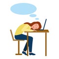 Girl is sleeping sweetly at workplace at laptop, speech bubble. Fatigue, stress, drowsiness, boredom. Vector illustration