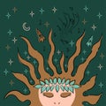 The girl sleeps, dreams of music and space. Vector sketch illustration