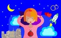 Girl sleeps in her bed and sees vivid dreams. Animation. Vector stock illustration.