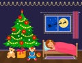 Girl sleeps near the Christmas tree and waits for gifts.