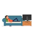 The girl sleeps on the sofa watching television. Tired woman dropped her phone while you sleep. Vector, illustration