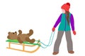 Little cute girl carries a teddy bear on sled in winter. Active leisure outdoors in winter Royalty Free Stock Photo