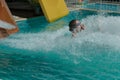 Girl slides down from the slide into the pool Royalty Free Stock Photo