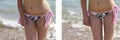 Girl slimming before and after diet swimsuit, sea,