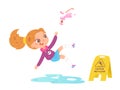 Girl slipping on clean slippery floor, little character stumbling, falling in public area