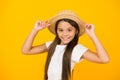 Girl small child wear hat celebrate summer holidays, sun kissed concept