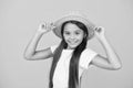 Girl small child wear hat celebrate summer holidays, sun kissed concept