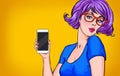 Girl with smart-phone in the hand in comic style. Girl with phone. Girl showing the mobile phone.Girl in glasses. Royalty Free Stock Photo