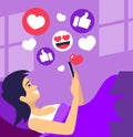 Girl with smartphone in a bed have fun and likes in social networks in bedroom before sleep receives recognition flat illus