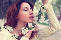 Girl smell tree flower Royalty Free Stock Photo