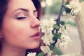 Girl smell tree flower Royalty Free Stock Photo