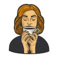 girl smelling cup of coffee sketch raster