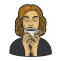 girl smelling cup of coffee sketch vector