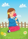 Girl Smelling Flower Vector Illustration