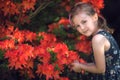 Girl smelling red flowers in a park Royalty Free Stock Photo