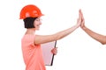 Girl contractor gives five and looks directly on white background