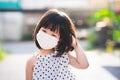 Girl smiled sweetly, showing thoughtful expression. Happy child put their hand on their heads. Little kid wearing face mask. Royalty Free Stock Photo