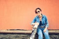 girl smiling and having fun with skateboard and longboard. Lifestyle concept of active modern life with good people Royalty Free Stock Photo