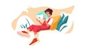 Girl smiling laying on a pillow using tablet. pretty girl sitting and surfing the internet on a phone illustration. Vector eps10.