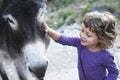 Girl smiling petting to donkey