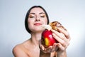 A girl with a snail on the apple Royalty Free Stock Photo