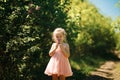 A girl sniffs lilac bushes. blooming gardens Royalty Free Stock Photo
