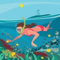 Girl snorkeling around the coral reef