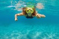 Girl in snorkeling mask dive underwater in blue sea lagoon Royalty Free Stock Photo