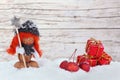 Girl in the snow, little apples and parcels