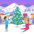 Girl in Snow-maiden Suit and Teen on Icerink. Royalty Free Stock Photo