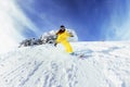Girl snowboarder backcountry fast snowboarding