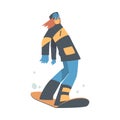 Girl Snowboarder Character Dressed in Winter Clothing Skiing, Extreme Sport Activities, Winter Vacation Cartoon Style