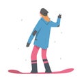 Girl Snowboarder Character Dressed in Winter Clothing, View from Behind, Extreme Sport Activities, Winter Vacation