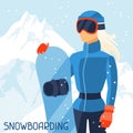 Girl snowboarder on mountain winter landscape