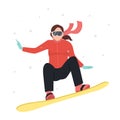 A girl snowboarder rides a snowboard. Springboard jump. Winter activities. Wintersports. Extreme sport Royalty Free Stock Photo