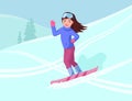 Girl snowboarder rolls down the mountain