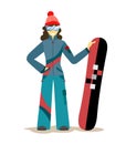 Girl snowboarder with a snowboard in the style of flat on a white background